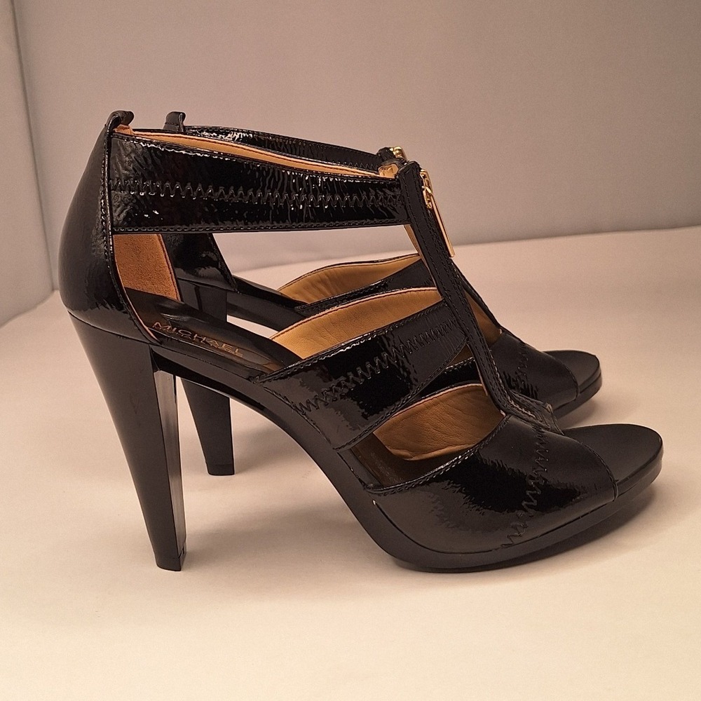 Michael Kors Black Patent Leather T-Strap Cage Heels Front Zip Stiletto Sandals - Picture 6 of 10